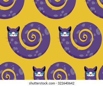 Purple Cat seamless pattern. Fabulous animals vector background. Cats head and torso of serpent.