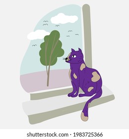 Purple cat sits on the windowsill looks out the window at the landscape, tree, street, birds. Vector illustration o outline doodle sketch