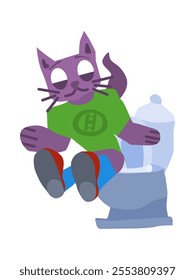 purple cat sitting on toilet. stock vector graphics image new