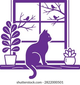 Purple cat sitting on a window sill with house plants and birds on tree branches outside