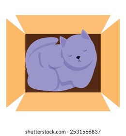 Purple cat is sleeping soundly curled up inside a cardboard box