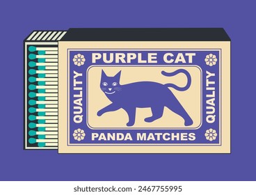 purple cat vector icon. illustration in Matchbox and matches illustration. Vintage and antique matchbox packaging design illustration. retro style packaging. old style design. open box template