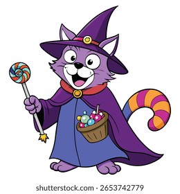 Purple cat wizard holding lollipop and candy basket