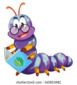 Purple caterpillar reading book illustration