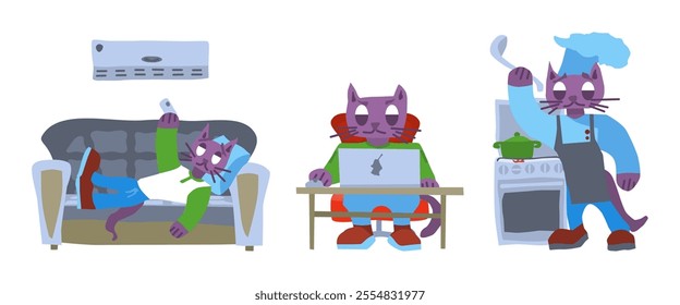 purple cats on the couch and in the kitchen at the computer. vector stock image