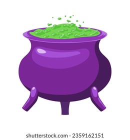 A purple cauldron with green liquid in it. Halloween design element. Isolated  witch pot graphic template. Vector illustration.