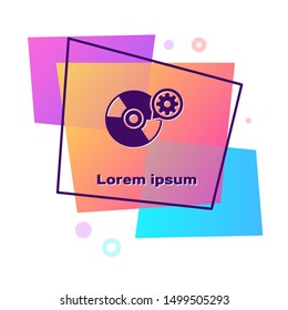 Purple CD or DVD disk and gear icon isolated on white background. Adjusting app, service concept, setting options, maintenance, repair, fixing. Color rectangle button. Vector Illustration