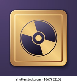 Purple CD or DVD disk icon isolated on purple background. Compact disc sign. Gold square button. Vector Illustration