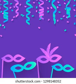 Purple celebration festive background with confetti, hanging pennants and carnival masks 