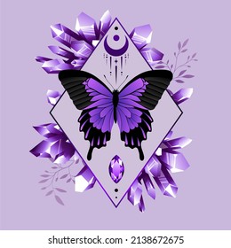 Violett-Himmelsschmetterling, Vektorgrafik. Mystischer Schmetterling mit Mond und Kristall. Esoterisches Alchimiesymbol. Design für Poster, Karte, T-Shirt-Druck, Tattoo.