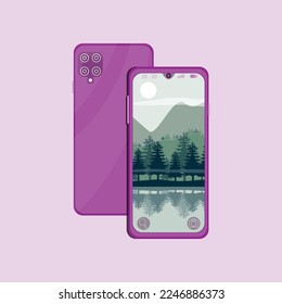 purple cell phone vector from front and back with nature wallpaper