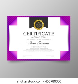 Purple certificate template awards diploma background vector modern value design and luxurious elegant.Illustration layout cover leaflet horizontal in A4 size pattern.
