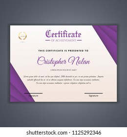 Purple Certificate template in vector for achievement, Certificate Design Template in Modern Style - vector