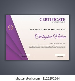 Purple Certificate template in vector for achievement, Certificate Design Template in Modern Style - vector