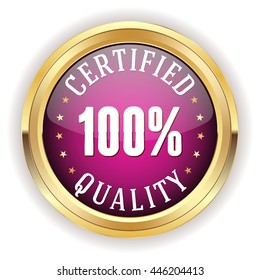 Purple certified quality button, badge with gold border