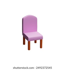 Purple chair with brown wooden legs. 3d icon vector illustration of a simple, modern chair design. Suitable for furniture, home decor, and interior design themes.