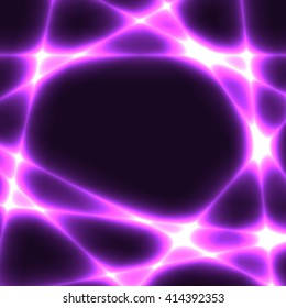 Purple chaotic lines on dark background. Template with violet laser lines. Place for your text in centre.