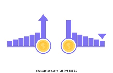 Purple chart with falling and rising prices on a white background