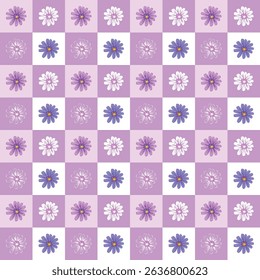 A  purple checkered pattern with a small flower. Seamless geometric fabric with checkered pattern for dresses, scarves, skirts, picnic tablecloths, other fabric designs. Vector illustration