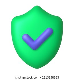 Marca morada en el icono 3d del protector verde. Concepto de seguridad y protección. 3d elemento de diseño realista. Ilustración vectorial.