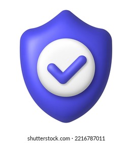 Purple checkmark and shield 3d icon. Security and protection concept. 3d realistic design element. Vector illustration.