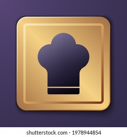 Purple Chef hat icon isolated on purple background. Cooking symbol. Cooks hat. Gold square button. Vector Illustration