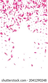Purple Cherry Petal Vector White Background. Pink Soft Flower Petal Illustration. Apple Petal Wallpaper Cover. Valentine Lotus Petal Texture.