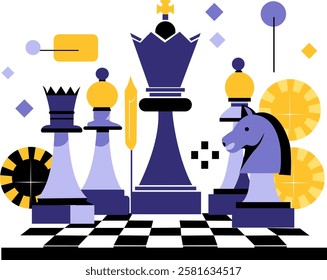 purple chess pieces, including a king, queen, knight, and pawn, standing prominently. Surrounding them are golden coins, symbolizing strategy and value. Geometric shapes such as circles, triangles.