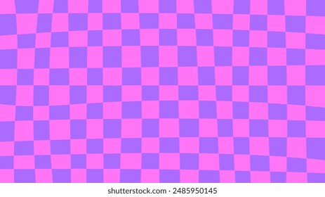 Purple Chessboard Background. Hand drawn curvy checkerboard texture. Distorted optic illusion 1920x1080 backdrop. Vector illustration