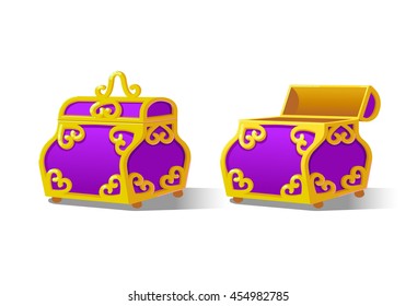 Purple Chest set for game interface.Vector illustration. Treasure on white background: closed, empty.