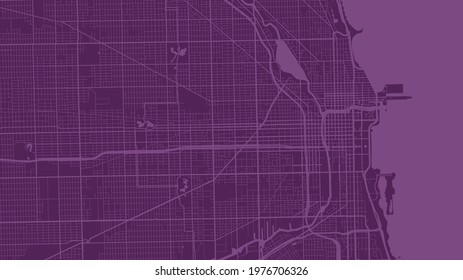 Purple Chicago city area vector background map, streets and water cartography illustration. Widescreen proportion, digital flat design streetmap.