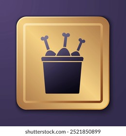 Perna de frango roxo na caixa de pacote ícone isolado no fundo roxo. Batom de frango. Botão quadrado dourado. Ilustração de vetor