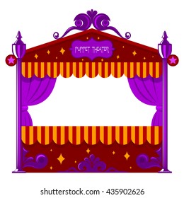 Purple children's a puppet theater on a white background. Vector illustration of a puppet 
show, isolate. Cartoon style. Stock vector