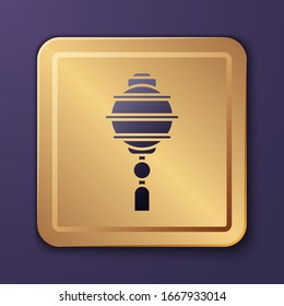 Purple Chinese paper lantern icon isolated on purple background. Gold square button. Vector Illustration