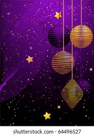 Purple Chrismtmas background with baubles and stars
