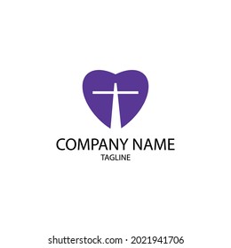 Purple christian cross and heart icon. Can be used for logos.