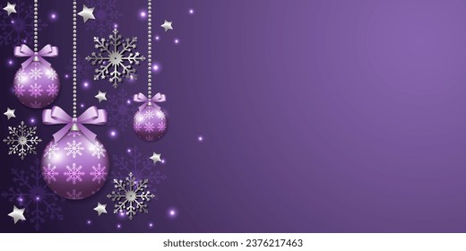 Purple Christmas background with beautiful holiday balls, snowflakes, silver stars and place for text. New Year background.