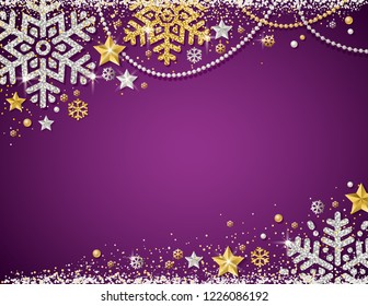 Purple christmas background with frame of golden and silver glittering snowflakes, stars and garlands, vector illustration