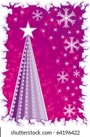 Purple Christmas Background with Christmas tree, snowflakes and ice border