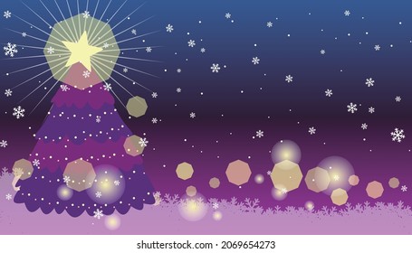 Purple Christmas background with twinkling stars over large tree