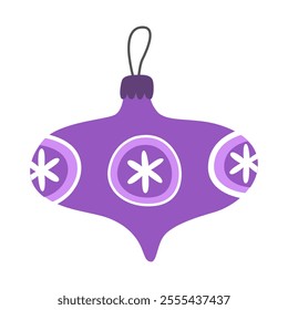 Purple christmas ball, icicle isolated on white. New Year's toy. Christmas tree decor. Cute cartoon illustration.	