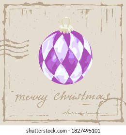 Purple christmas ball on a vintage background. Merry Christmas card. Vector illustration.