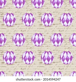 Purple christmas balls and an unreadable letter. Seamless pattern. Female handwriting in ink. Vector illustration on a vintage  background.
