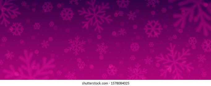 Purple Christmas banner with blurred snowflakes. Merry Christmas and Happy New Year greeting banner. Horizontal new year background, headers, posters, cards, website. Vector illustration