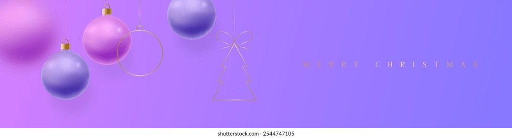 Purple Christmas banner with ornaments and greeting