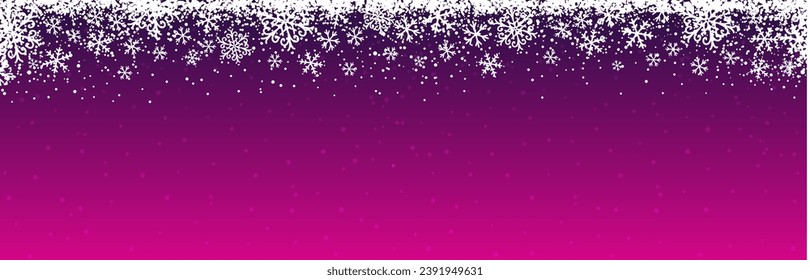 Purple christmas banner with white snowflakes. Merry Christmas and Happy New Year greeting banner. Horizontal new year background, headers, posters, cards, website. Vector illustration
