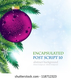 Purple Christmas bauble and spruce branches. Sparkling Christmas background