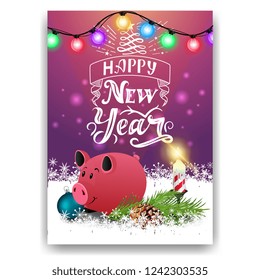 Purple Christmas card - happy New Year with piggy bank