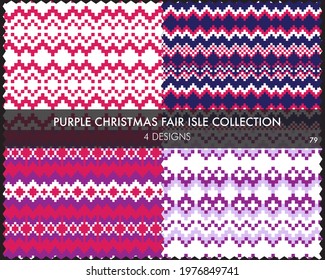 Purple Christmas fair isle pattern collection includes 4 design swatches for fashion textiles, knitwear and graphics