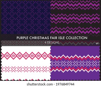 Purple Christmas fair isle pattern collection includes 4 design swatches for fashion textiles, knitwear and graphics